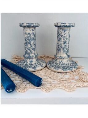 Vintage CANDLESTICKS 2 piece Set, Blue/White, Country Gear by Hartstone USA